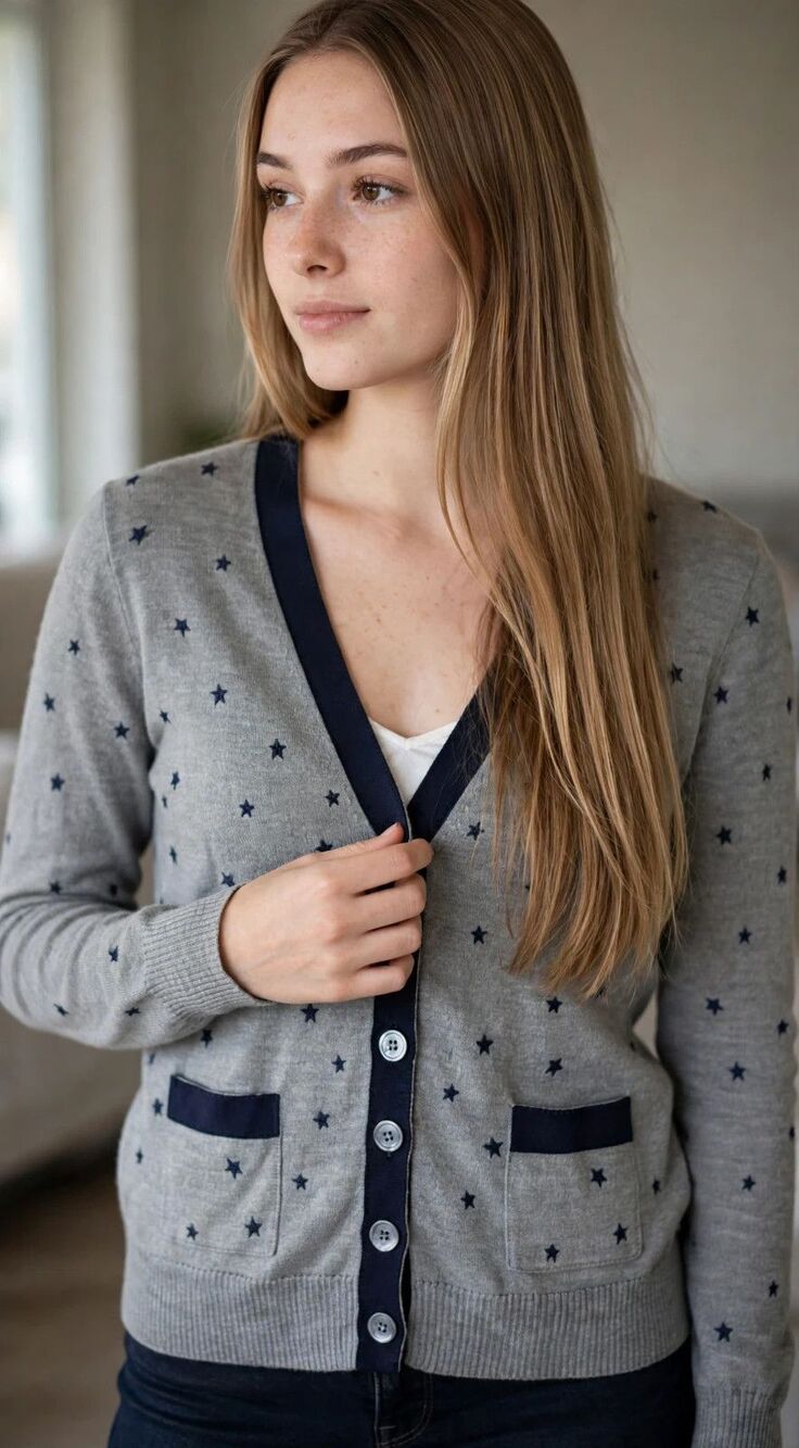 J.Crew Women S Gray Cardigan Navy Star Embroidered V Neck Merino Wool Pockets